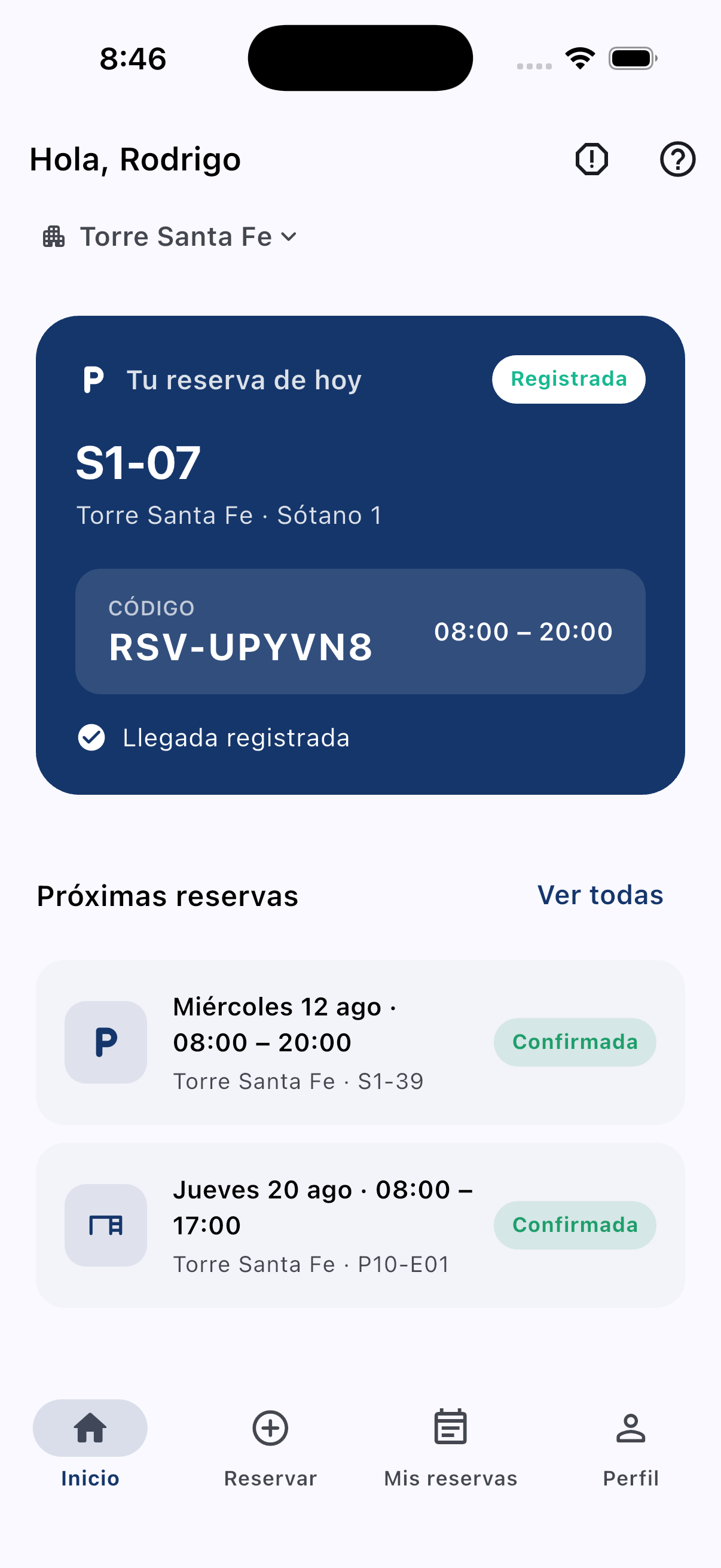 Pantalla de inicio de la app, con la reserva del día y el lugar asignado