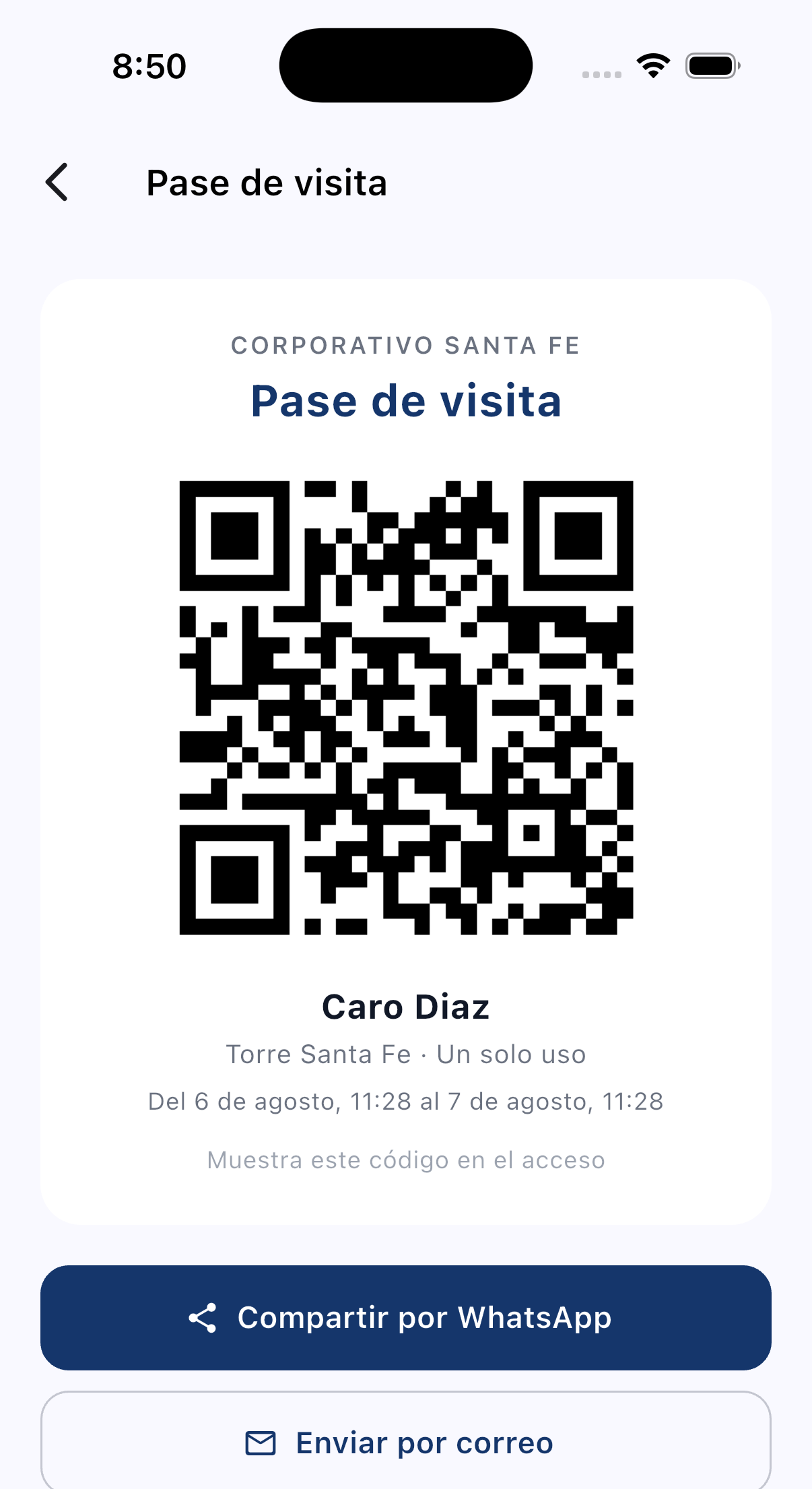 Pase de visita generado en la app, con el código QR, el nombre del visitante y la vigencia