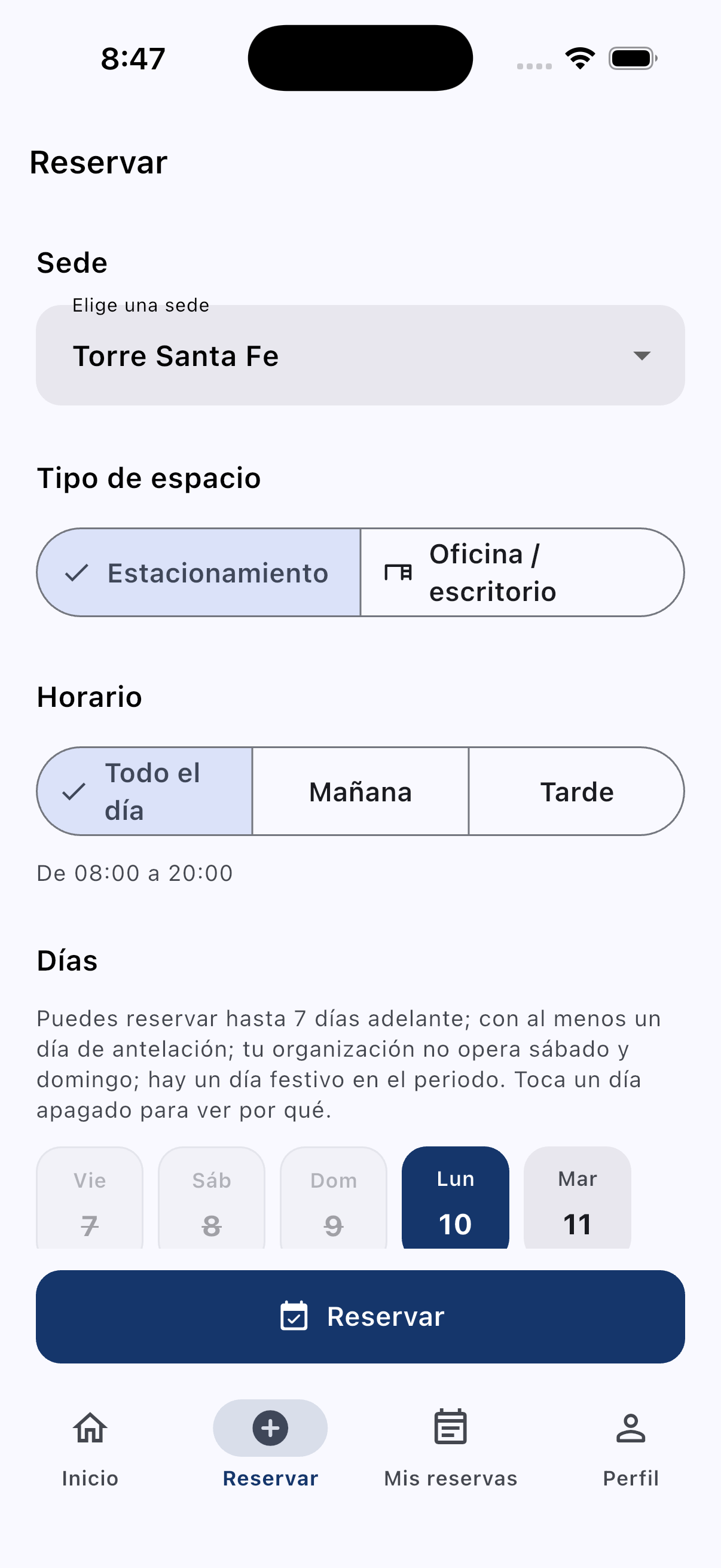 Pantalla de la app para elegir el día y el tipo de espacio a reservar