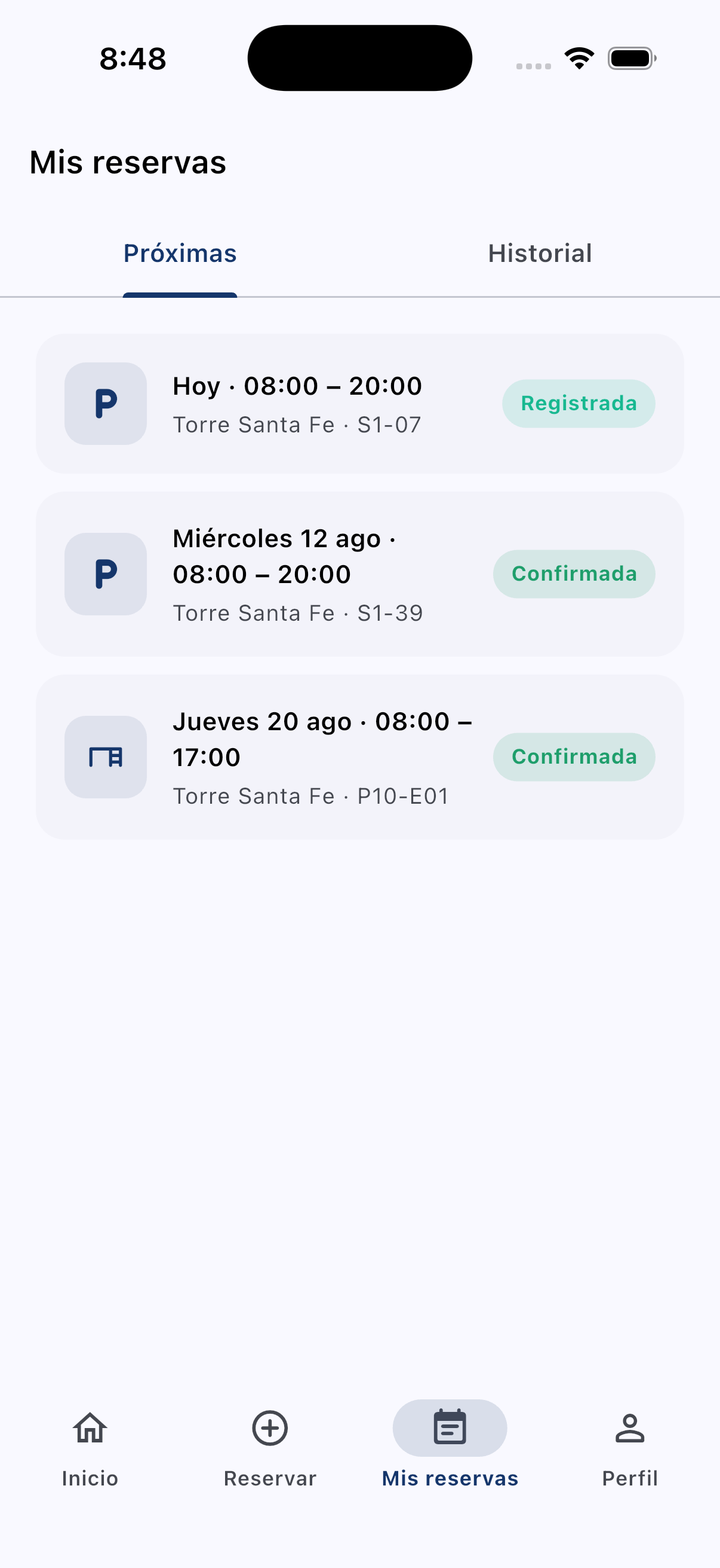 Listado de las reservas del empleado en la app
