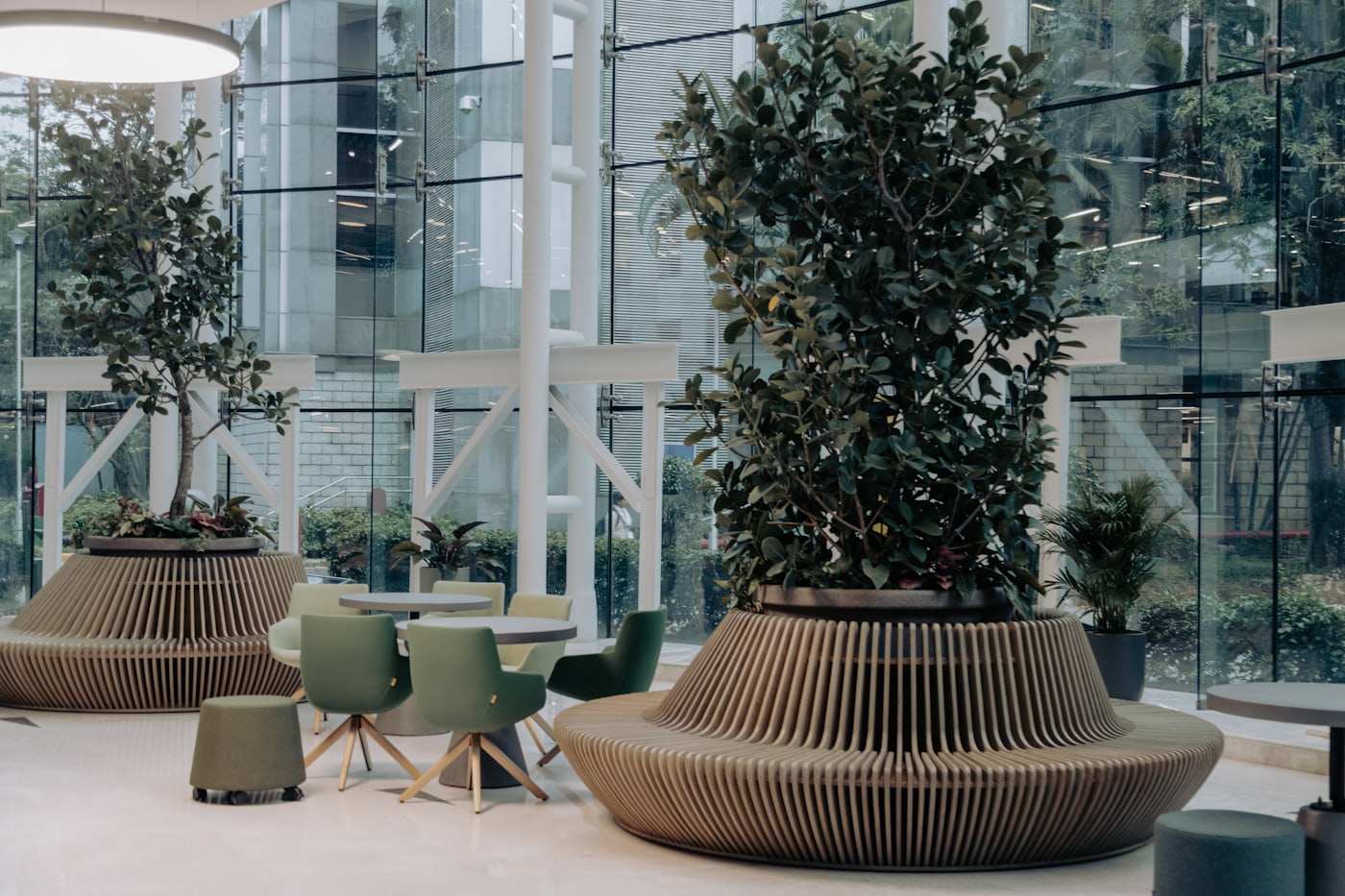 Área común de un corporativo, con mesas de trabajo y vegetación junto a un ventanal